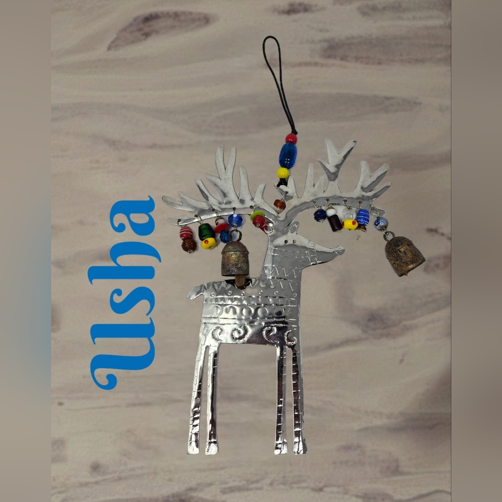 Usha Of India Handcrafted Silver Metal Reindeer Glass Beads Copper Nana Bells